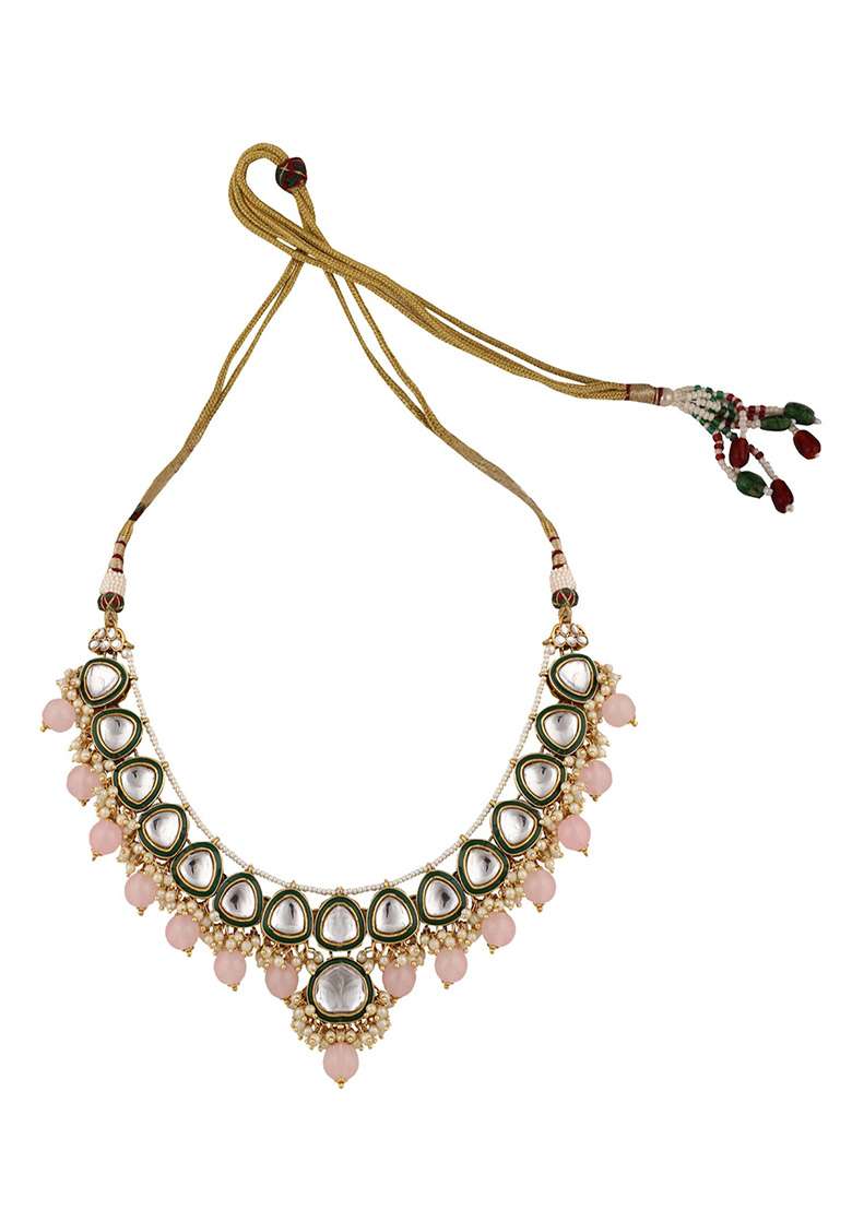 Pink Gold Plated Kundan Necklace Set With Maang Tikka - Indya