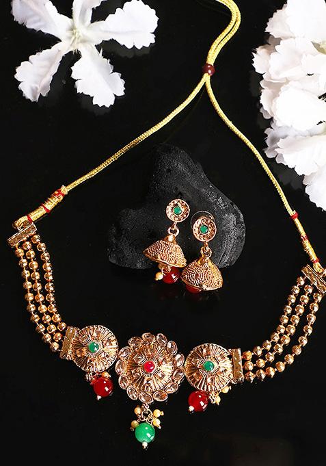 Gold Plated Artificial Stone And Bead Necklace Set