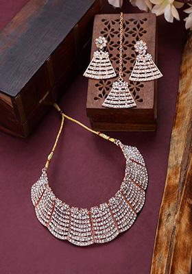 Rose Gold Rose Gold Plated American Diamond Necklace Set With Maang Tikka