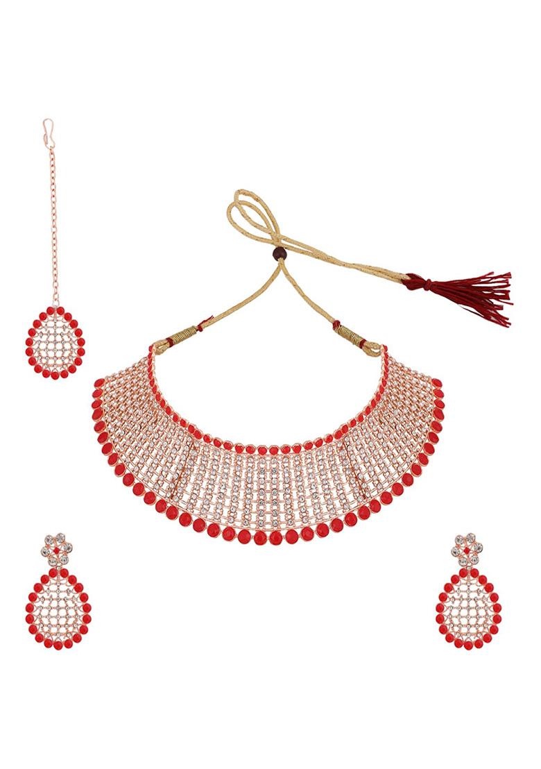 Red Gold Plated American Diamond Necklace Set With Maang Tikka