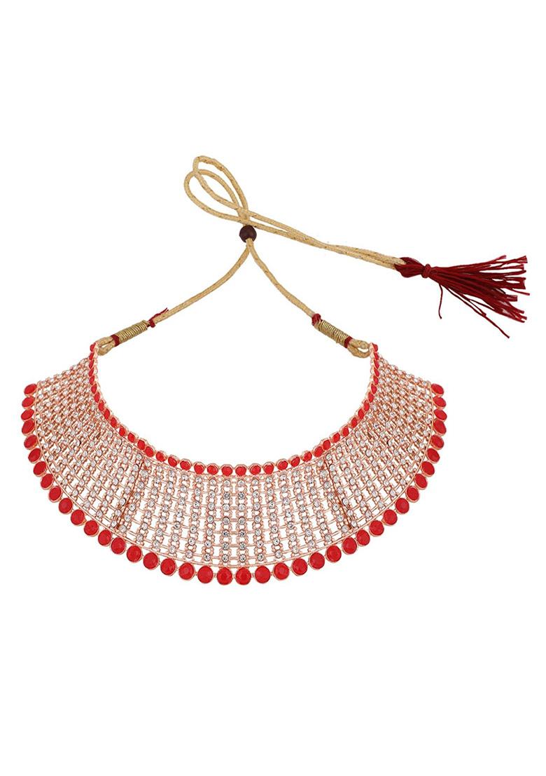 Red Gold Plated American Diamond Necklace Set With Maang Tikka