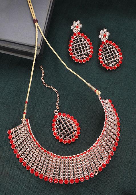 Red Gold Plated American Diamond Necklace Set With Maang Tikka