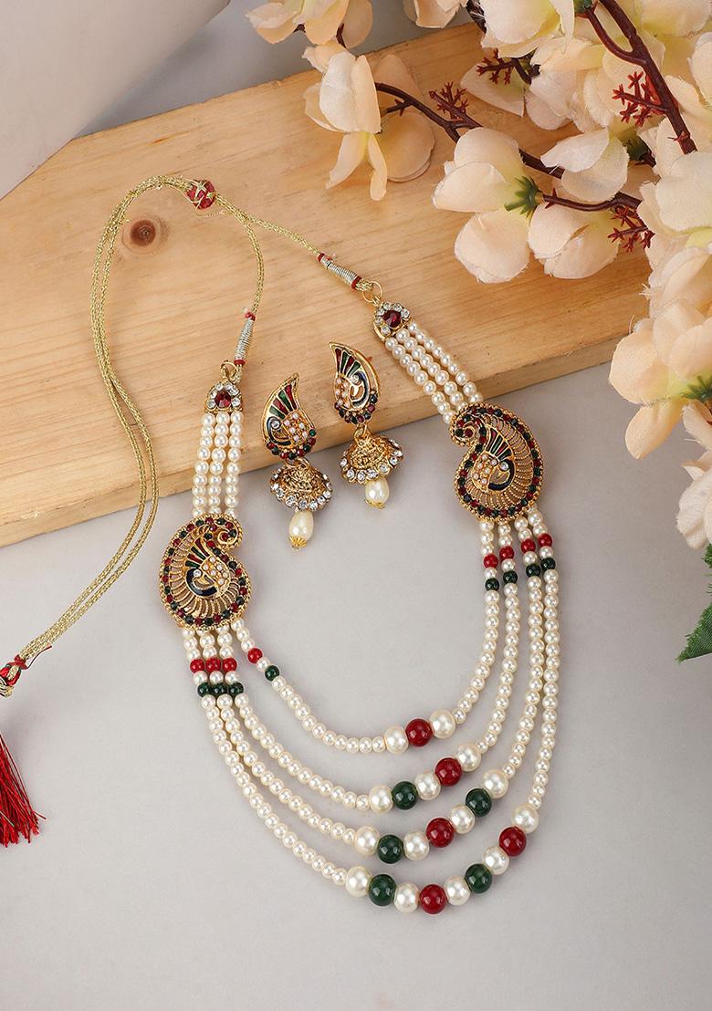 Multicolour Gold Plated Artificial Stone And Bead Necklace Set