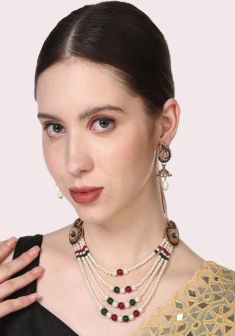 Multicolour Gold Plated Artificial Stone And Bead Necklace Set