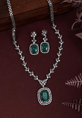 Green Silver Plated American Diamond Necklace Set