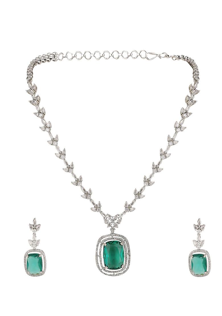 Green Silver Plated American Diamond Necklace Set - Indya