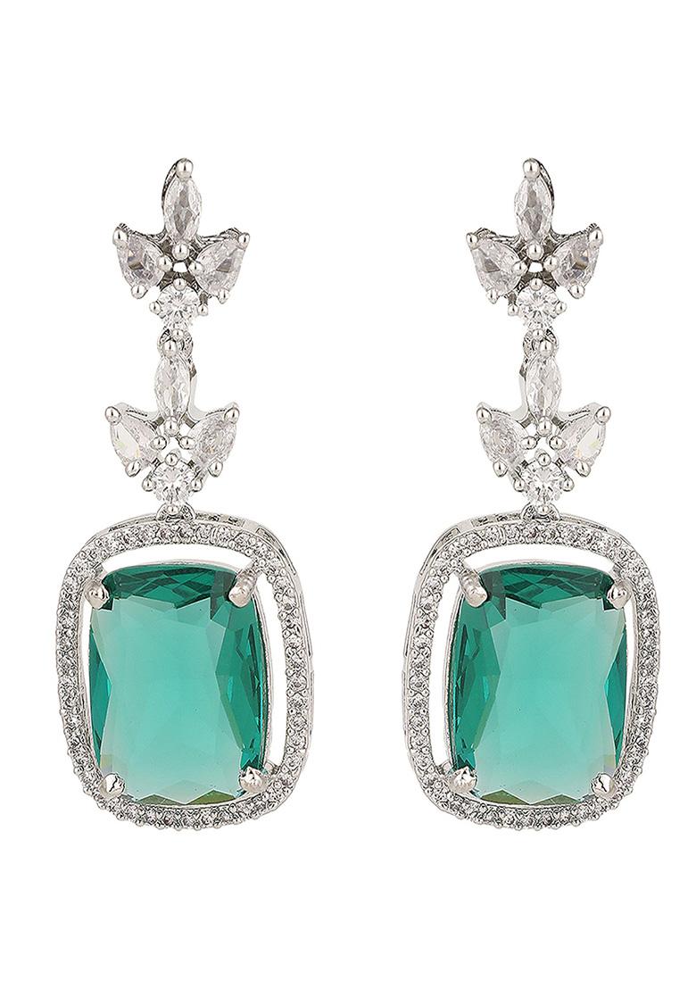 Green Silver Plated American Diamond Necklace Set - Indya