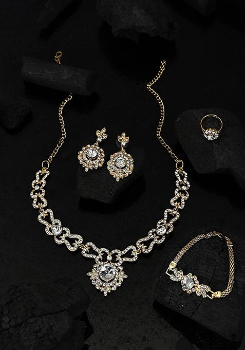 White Gold Plated Artificial Stone Necklace Set With Ring And Bracelet