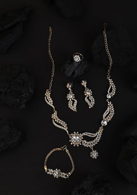 White Gold Plated Artificial Stone Necklace Set With Ring And Bracelet