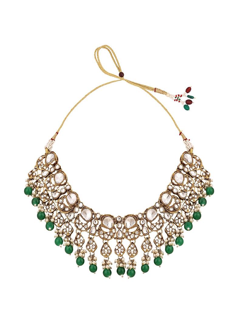 Green Gold Plated Cubic Zirconia Necklace Set With Maang Tikka - Indya