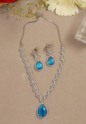Handcrafted Blue Silver Plated American Diamond Necklace Set
