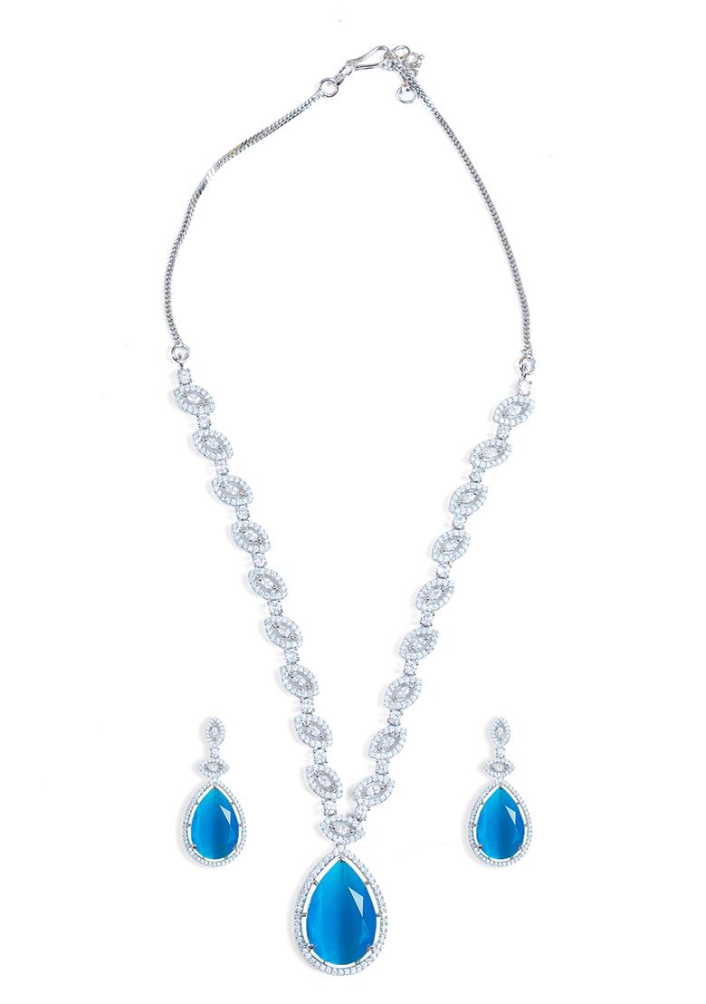 Handcrafted Blue Silver Plated American Diamond Necklace Set