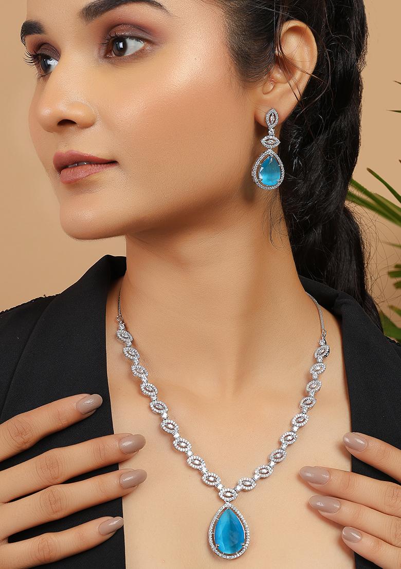 Handcrafted Blue Silver Plated American Diamond Necklace Set