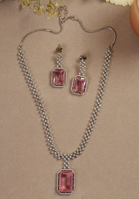 Silver Plated Pink Crystal Zirconia Studded Statement Necklace Set