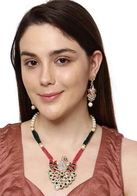 Multi Color Peacock Design Stone Studded Jewellery Set