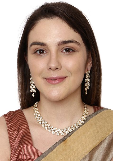 Single Line Leaf Pattern Necklace With Gold Plated And Stone Studded And Earrings