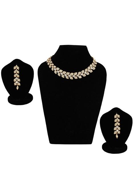 Single Line Leaf Pattern Necklace With Gold Plated And Stone Studded And Earrings