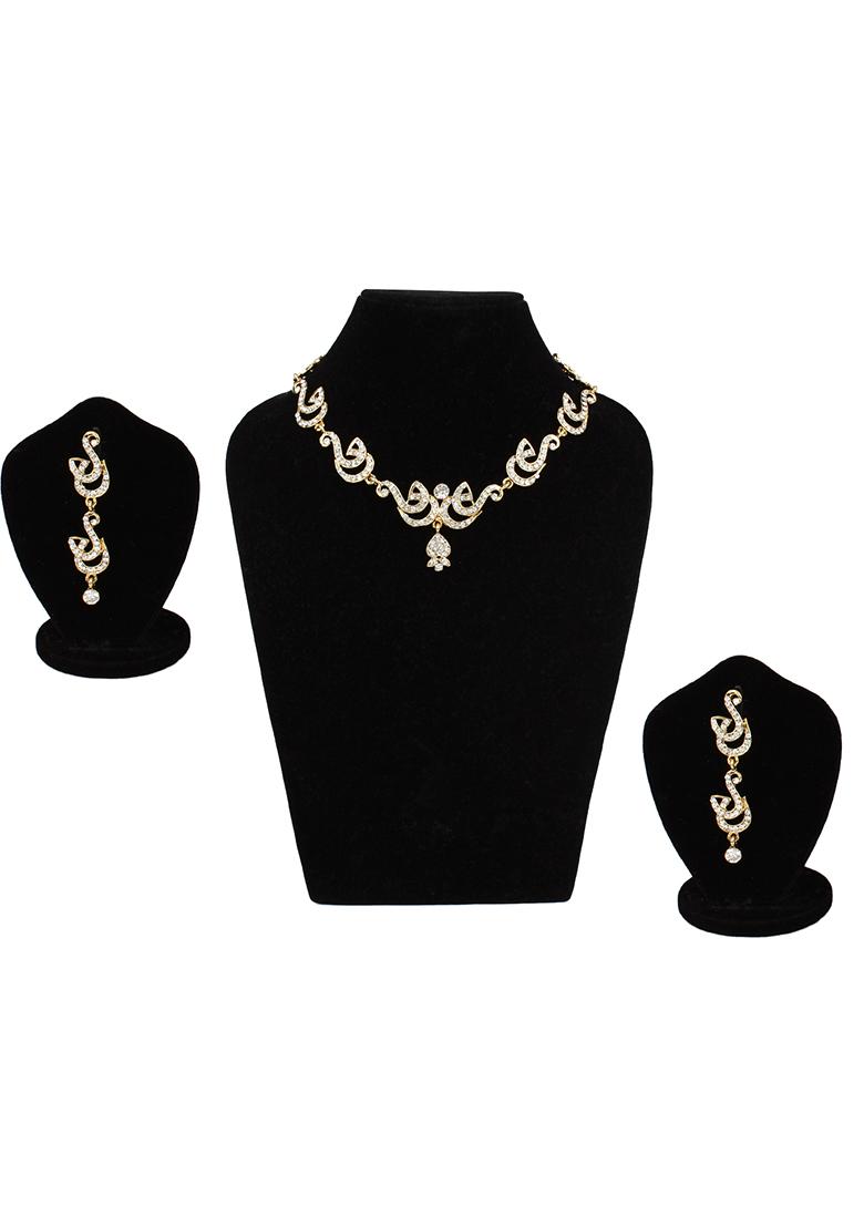 Single Line S Pattern Necklace With Gold Plated And Stone Studded With Earrings