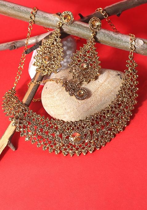 Traditional Stone Studded And Gold Plated Heavy Jewellery Set