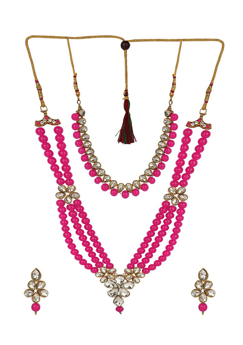 Gold Plated Pink And White Kundan Studded And Beaded Multi Stranded Jadau Jewellery Set