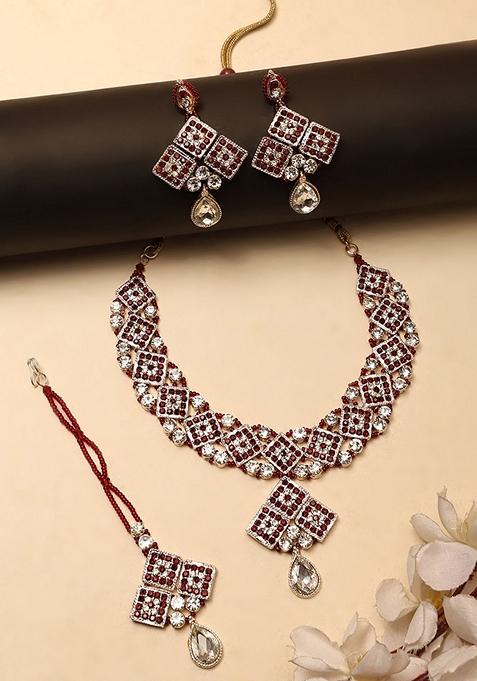 Brass Maroon Jewelry Set  Elegance In Rich Maroon Hues