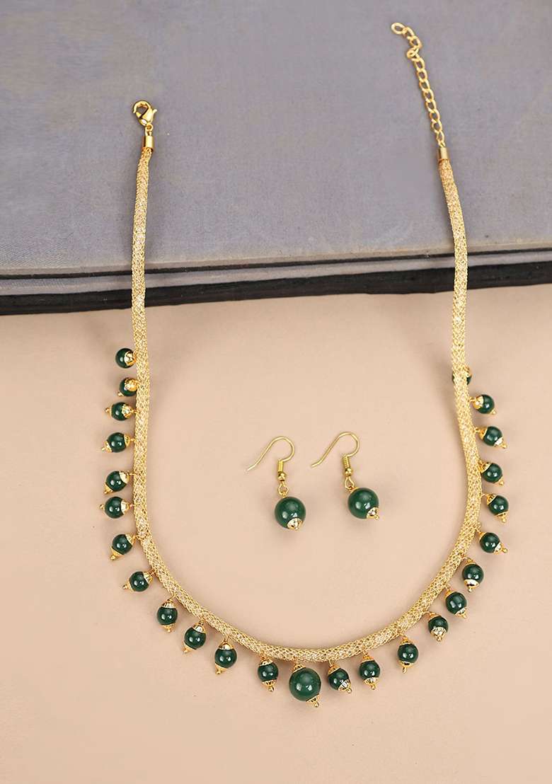 Elegant Pearl Sleek Green Jewellery Set - Indya