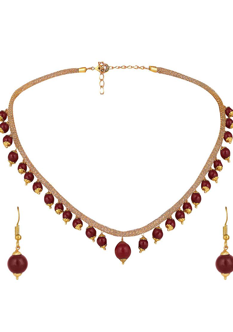 Elegant Pearl Sleek Maroon Jewellery Set - Indya
