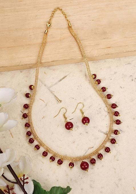 Elegant Pearl Sleek Maroon Jewellery Set