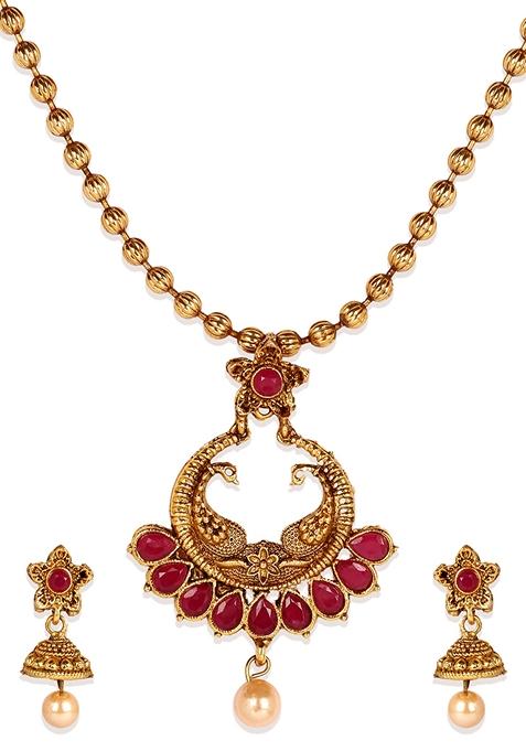 Traditional Gold Plated Cubic Zirconia Party Wear Jewellery Set Stone Studded