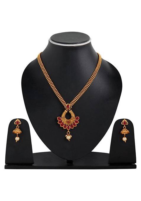 Traditional Gold Plated Cubic Zirconia Party Wear Jewellery Set Stone Studded