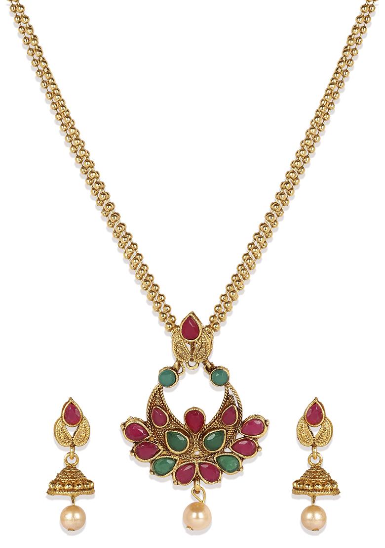 Traditional Gold Plated Cubic Zirconia Party Wear Jewellery Set Stone Studded