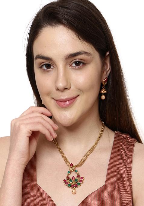 Traditional Gold Plated Cubic Zirconia Party Wear Jewellery Set Stone Studded