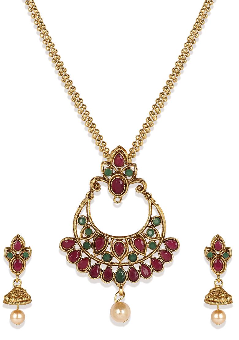 Traditional Gold Plated Cubic Zirconia Party Wear Jewellery Set Stone Studded