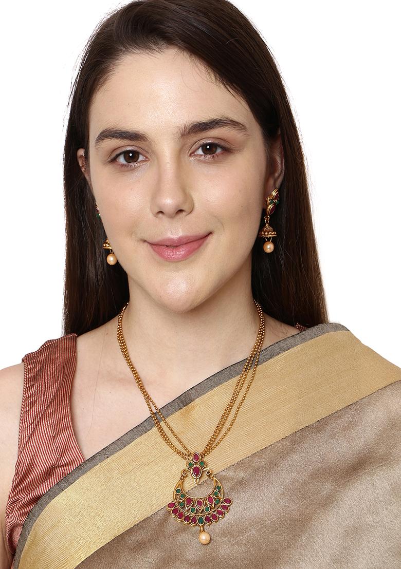 Traditional Gold Plated Cubic Zirconia Party Wear Jewellery Set Stone Studded