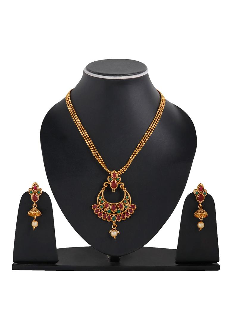 Traditional Gold Plated Cubic Zirconia Party Wear Jewellery Set Stone Studded
