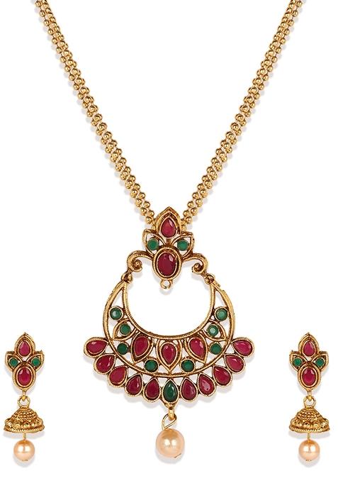 Traditional Gold Plated Cubic Zirconia Party Wear Jewellery Set Stone Studded