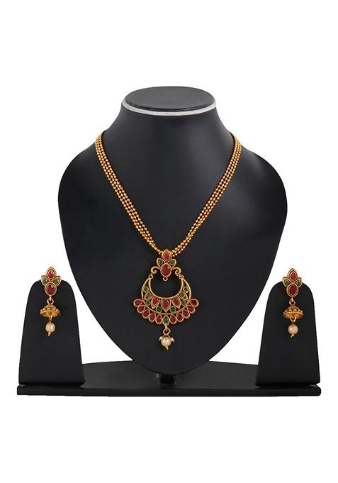 Traditional Gold Plated Cubic Zirconia Party Wear Jewellery Set Stone Studded
