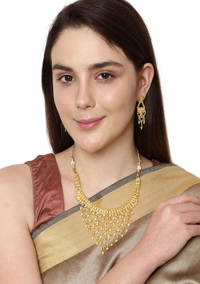 Plain Gold Plated Light Weight Designer Necklace With Earrings