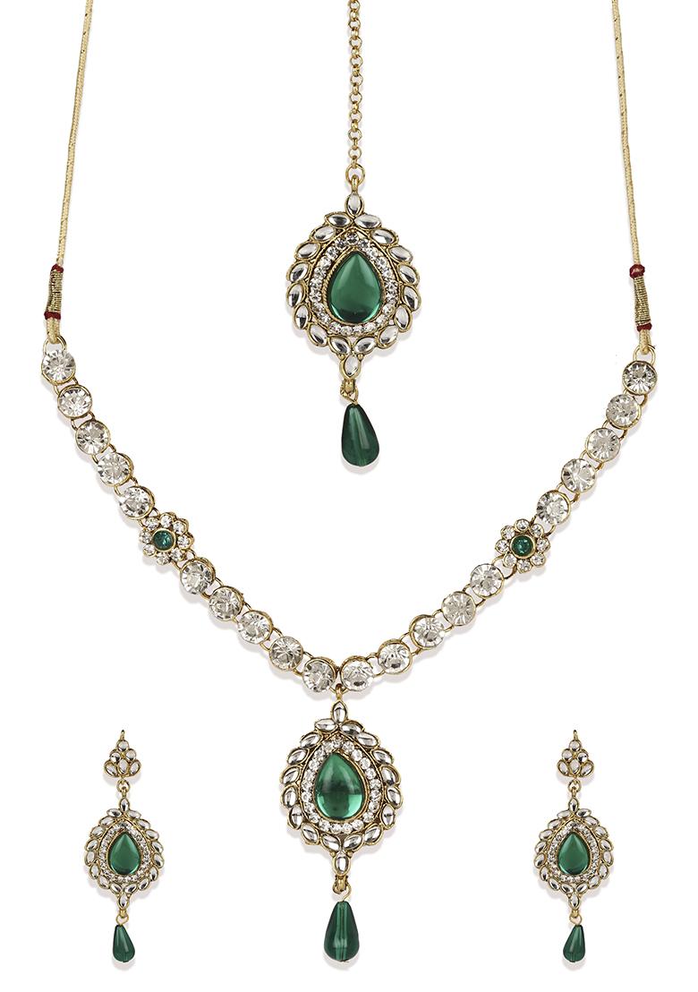 Designer Gold Plated Single Line Stone Studded Jewellery Set - Indya