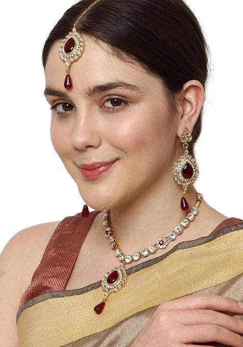 Designer Gold Plated Single Line Stone Studded Jewellery Set