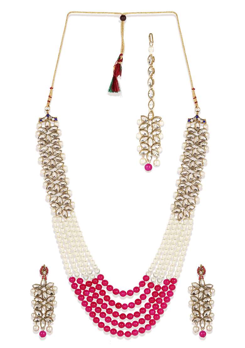 Alloy Gold Plated Pink And White Pearl Floral Jewellery Set - Indya