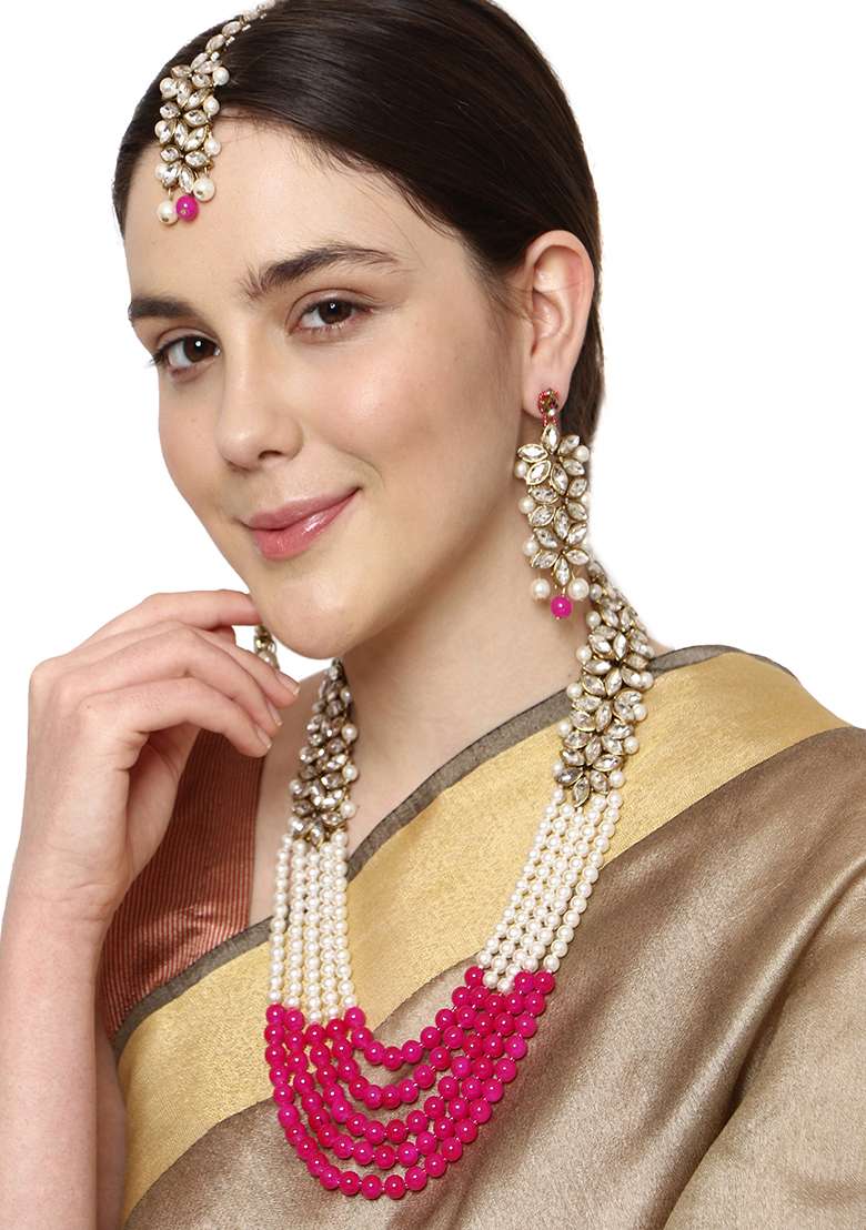Alloy Gold Plated Pink And White Pearl Floral Jewellery Set - Indya