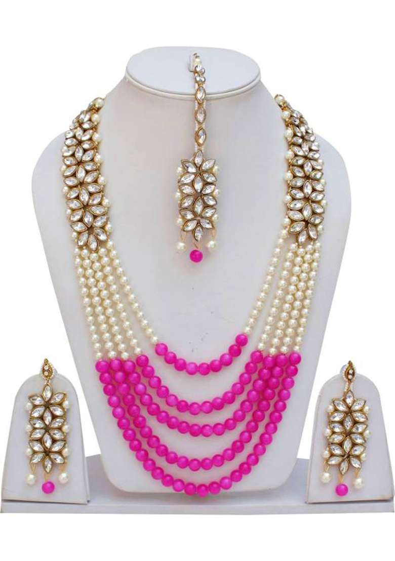 Alloy Gold Plated Pink And White Pearl Floral Jewellery Set - Indya