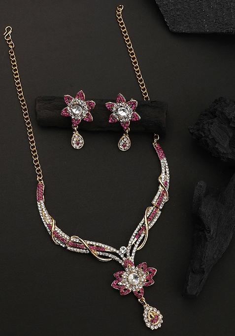 Trendy Gold Plated Cubic Zirconia Party Wear Pink Jewellery Set Stone Studded