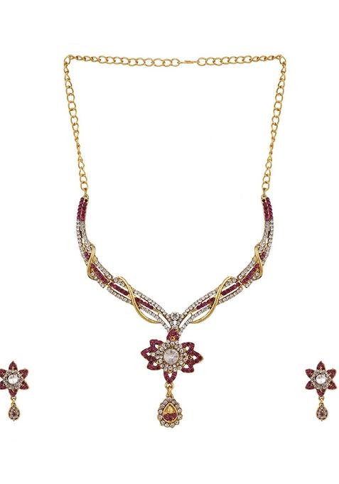 Trendy Gold Plated Cubic Zirconia Party Wear Pink Jewellery Set Stone Studded