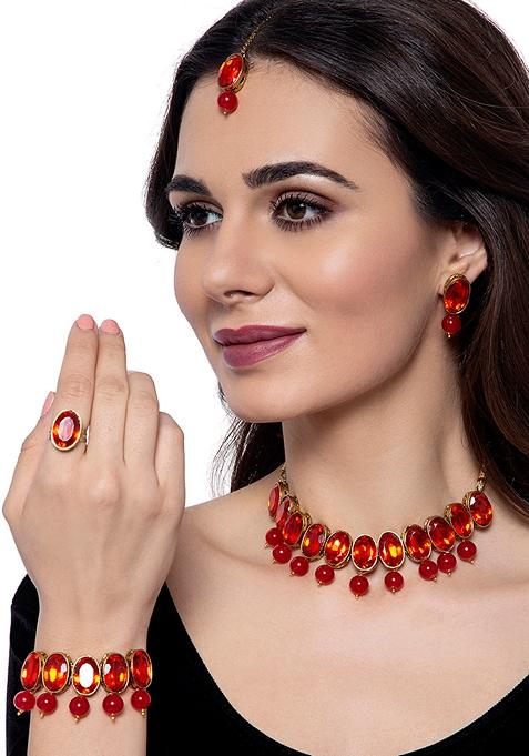 Exclusive Combo Of Red Choker Necklace With Designer Earrings Maang Tikka And Bracelet