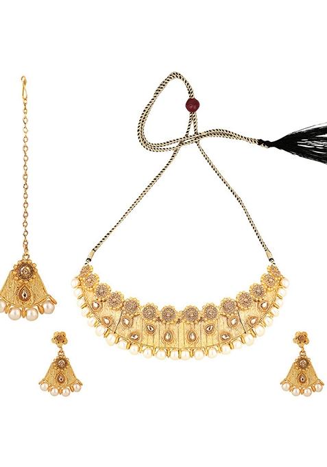Designer Gold Plated Traditional Matte Finish Necklace With Earring Maang Tikka