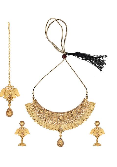 Designer Gold Plated Traditional Matte Finish Necklace With Earring Maang Tikka