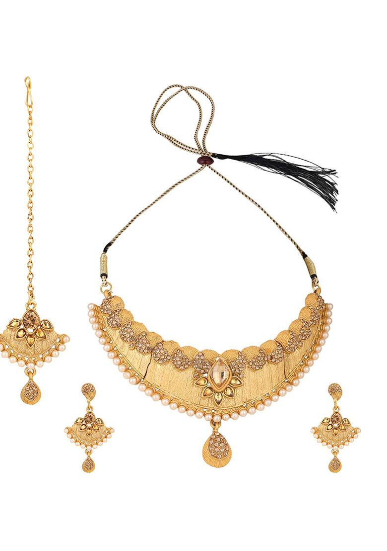 Designer Gold Plated Traditional Matte Finish Necklace With Earring Maang Tikka