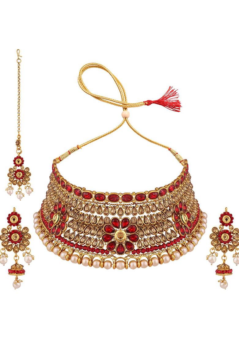 Traditional Hasli Style Gold Plated Choker Cutwork And Floral Design With Earring Maang Tikka